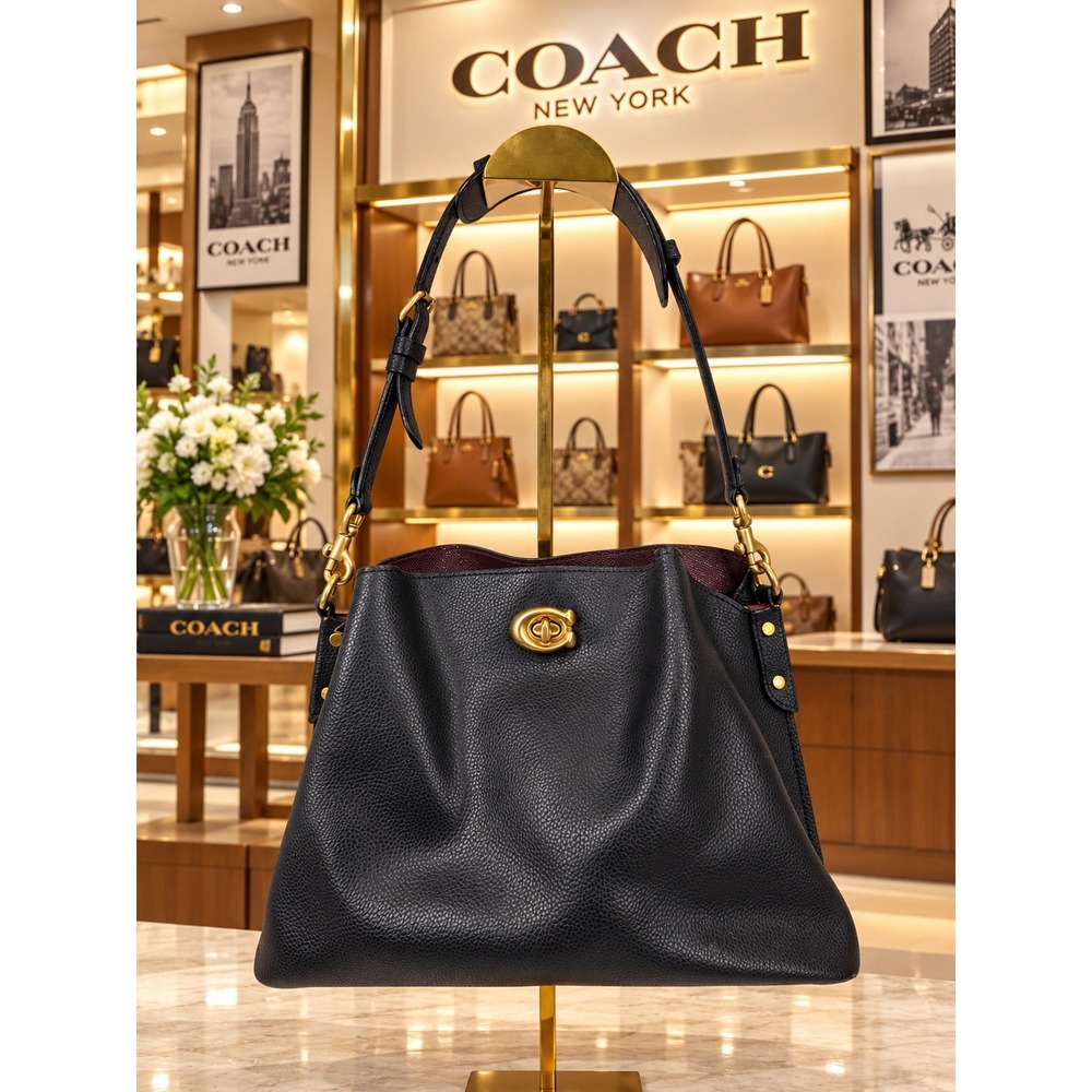 Coach Willow Shoulder Bag Black Polished Pebble Leather C2621 Brass Hardware